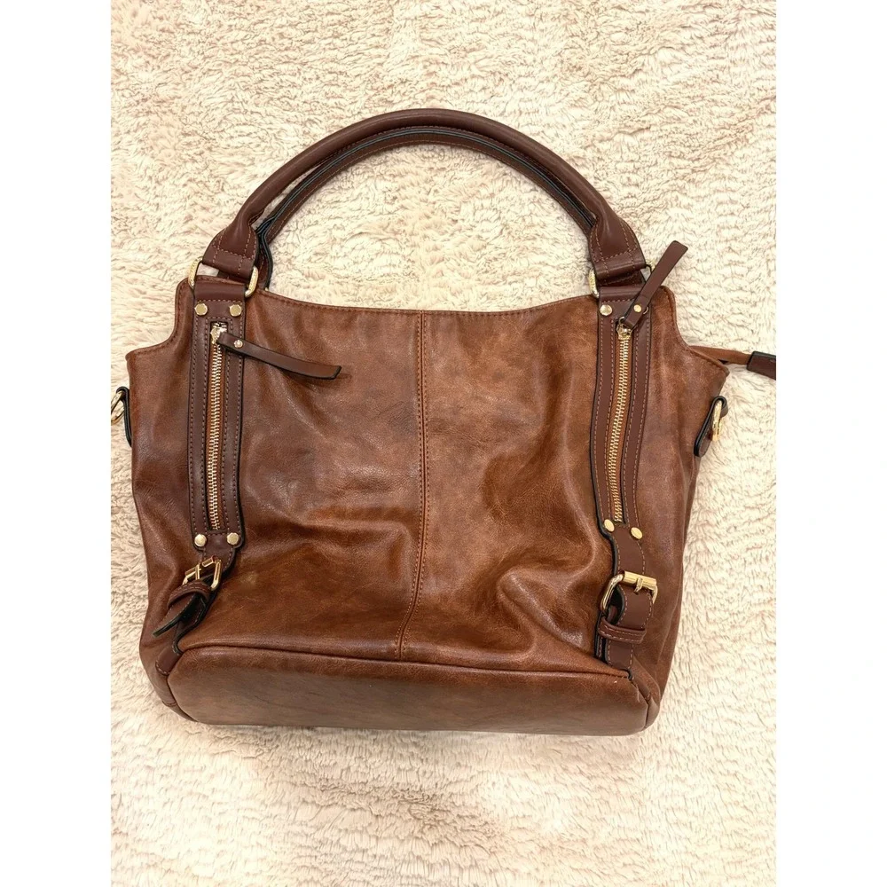 Distressed Cognac Brown Vegan Leather Slouchy Hobo Shoulder Bag Gold Zips‎